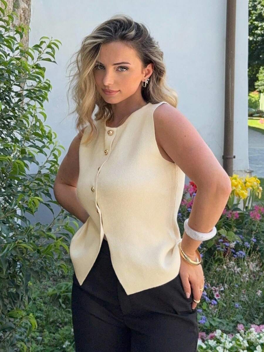 Jeta Ari 女式休闲纯色前扣无袖针织上衣，夏季 - 杏色 - 查看 1