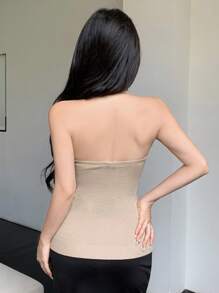 Celisse Necktie Loose Shoulder Back Elastic Soft Comfortable High Waist Halter Versatile Elegant Sexy Knitted Top, Suitable For Multiple Occasions' - Khaki - View 2