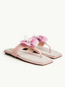 CUCCOO CHICEST 女士亚麻平底凉鞋，3D 鸢尾花装饰，优雅甜美休闲时尚舒适一脚蹬春夏季鞋，适合下午茶、约会、海滩度假 - 粉色 - 查看 9