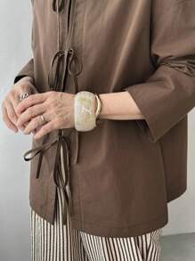 FRIFUL 女式棉麻混纺宽松蝴蝶结前抽绳休闲长袖衬衫上衣，秋季棕色衬衫女式棕色系带前衬衫大地色衬衫女式棕色衬衫棕色上衣 - 棕色 - 查看 5