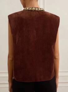 Revavyn Autumn/Winter New Rhinestone Decor Collar Pocket Vest Jacket - Brown - View 2