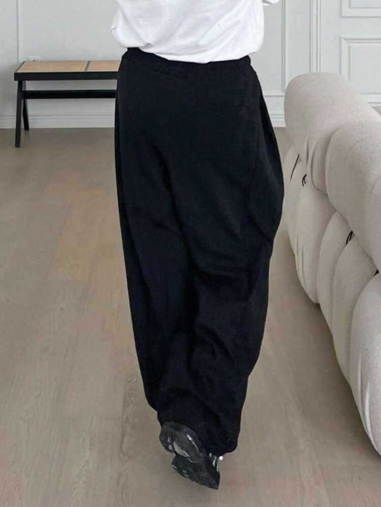 Men's Loose Drawstring Waist Fleece Sweatpants, Black, Autumn/Winter