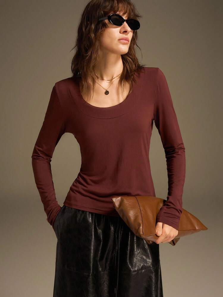 2025 New Autumn/Winter Apparel, All Season Wear, Winter, Back To School Looks For Women, Halloween & Christmas, Women's Teacher Attire, For Going Out, Wedding Guest, Elegant Wedding Guest Gowns, Church Attire For Women, Business Casual, Daily Casual Chic Slim Fit Solid Color Long Sleeve Women's T-Shirt