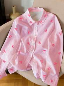 SHEIN 女士蝴蝶印花长袖衬衫 - 粉色 - 查看 3