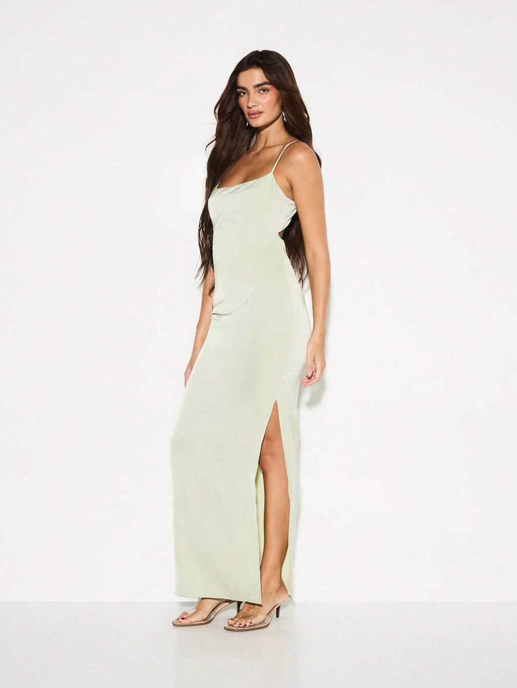 empire waist summer wedding guest dress KIZN Evening Maxi With Spaghetti Straps High Slit Ruched Detail Sleeveless Side Cut Out Floor Length Gown ｜MISSGUIDED Bottom Option:No Bottom Women's Yellow Midi Dresses House Salad Dressing Floral dress fit Designed to fit