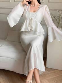 DAZY Completo da 2 pezzi composto da blusa in chiffon semplice e casual con laccetti e volant, e gonna a sirena aderente, adatto per matrimoni, lauree, feste, abbigliamento autunnale da donna - Beige - Visualizzare 11