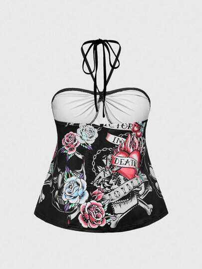 ROMWE Avant Camiseta y top sin tirantes con estampado de calavera de rosa vintage con strass, talla grande y estilo sexy Y2K