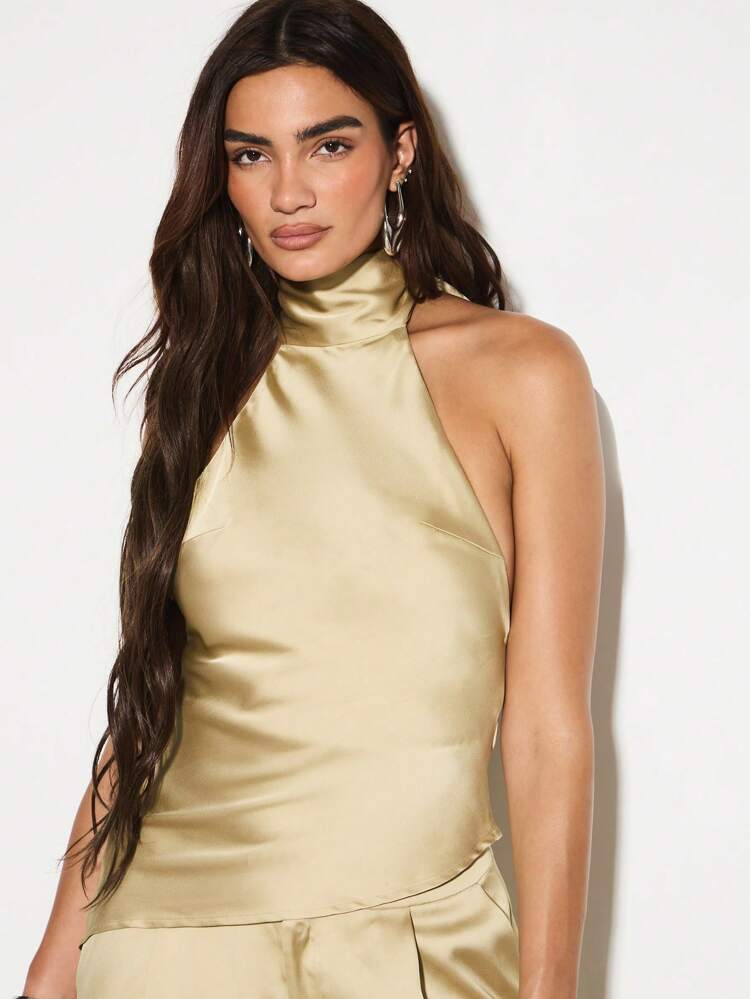 KIZN Satin Halter Top With Bow And Drape Panel