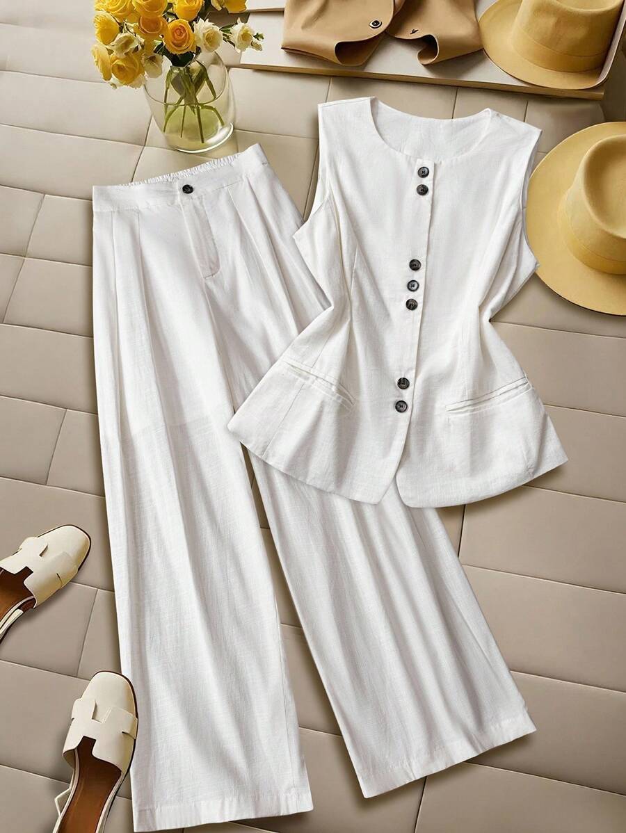 Franclia 2pcs/Set Casual Cotton Linen Vest And Pants Suit All White A E - White - View 1