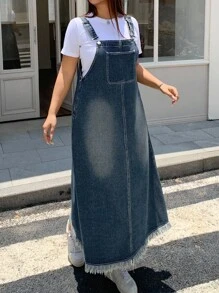 Dazy Plus Dark Wash Distressed Denim Pinafore Maxi A-Line Dress, All Season