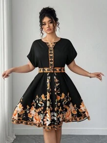 Elenzga 大码女式简约优雅黑色印花连衣裙