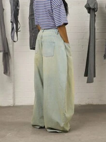 COUREZ 低腰灯笼裤牛仔裤，浅蓝色水洗街头休闲 Y2K 休闲音乐节棉质牛仔布