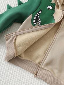 Cozy Pixies 1. 男婴卡通恐龙图案连帽拉链外套和松紧腰裤两件套，舒适休闲基础套装，适合室内、室外、日常穿着、运动、派对、节日、万圣节、圣诞节、新年、返校、情人节以及秋冬季的更多场合。