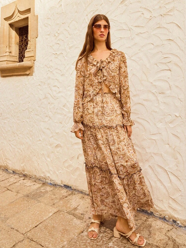 SHEIN Maija Blouse style bohème à col V à volants, manches longues et nœud devant, imprimé floral pour femmes