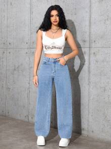 SHEIN PETITE Women's Pocket Button Casual Versatile Commute Loose Fit Denim Wide Leg Pants - Light Wash - View 4