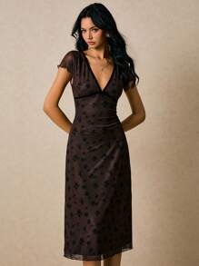 Poéselle Women's Elegant Floral Print Mesh Midi Dress, Summer ,Fall Wedding Guest Dress - Brown - View 2