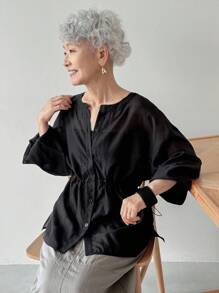 FRIFUL 女士宽松 V 领灯笼袖雪纺腰收腰休闲纯色长袖衬衫，秋季舒适 - 黑色 - 查看 6