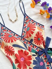 Soleia Váy ngắn hai dây in họa tiết nơ trang trí hoa cho nữ, đi nghỉ - Nhiều màu - Xem 5