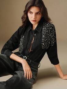 Anewsta Vintage Embellished Rhinestone & Pearl Decorated Denim Blouse For Women, Suitable For Spring, Holiday, Casual, Festival, Vacation, Elegant - Black - View 5