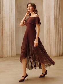 Anewsta Women's Shiny Wavy Ruffle Knit One-Shoulder Dress - Brown - View 4