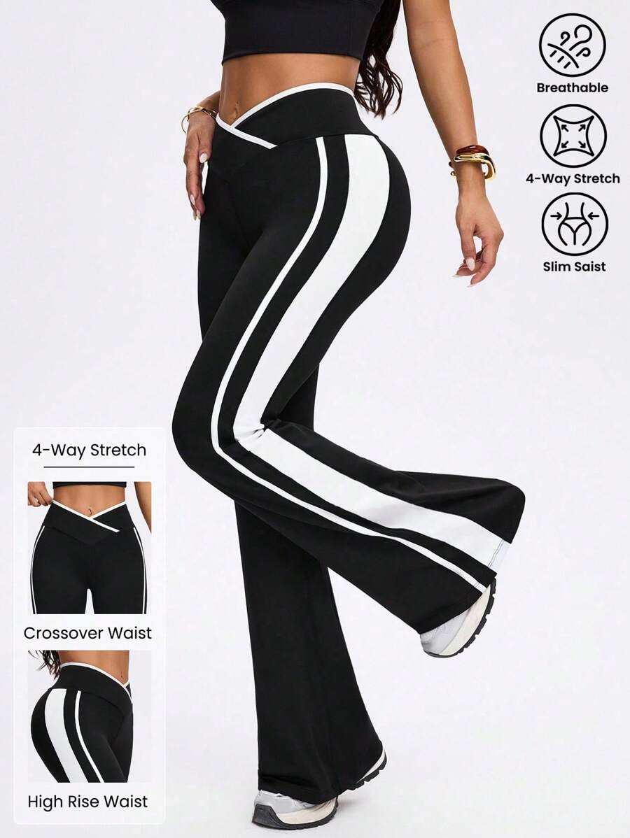 Easithlete 女式不对称腰侧条纹喇叭运动裤 - 黑與白 - 查看 1