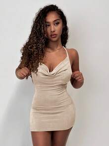 Amplova 女式纯色交叉褶饰性感吊带迷你连衣裙 - 卡其色 - 查看 2