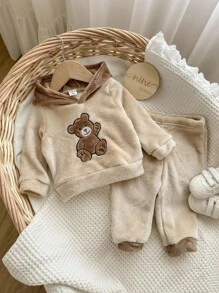 2pcs Baby Boy Cute Bear Pattern Embroidered Long Sleeve Pajamas Set With Long Pants, Soft & Comfortable Double-Sided Flannel Sleepwear Suit, For Autumn/Winter