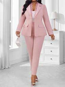 SHEIN Lady 春、夏、秋、冬 优雅 派对 通勤 婚礼 情人节 鸡尾酒会 办公室 音乐会/音乐节 粉色针织蕾丝翻领 撞色蕾丝 金色纽扣 假口袋 长袖 加大码 人造毛皮大衣 加大码 西装 - 淺粉色 - 查看 1