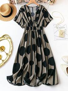 EMERY ROSE 大码波尔卡圆点印花V领收腰连衣裙长款女装