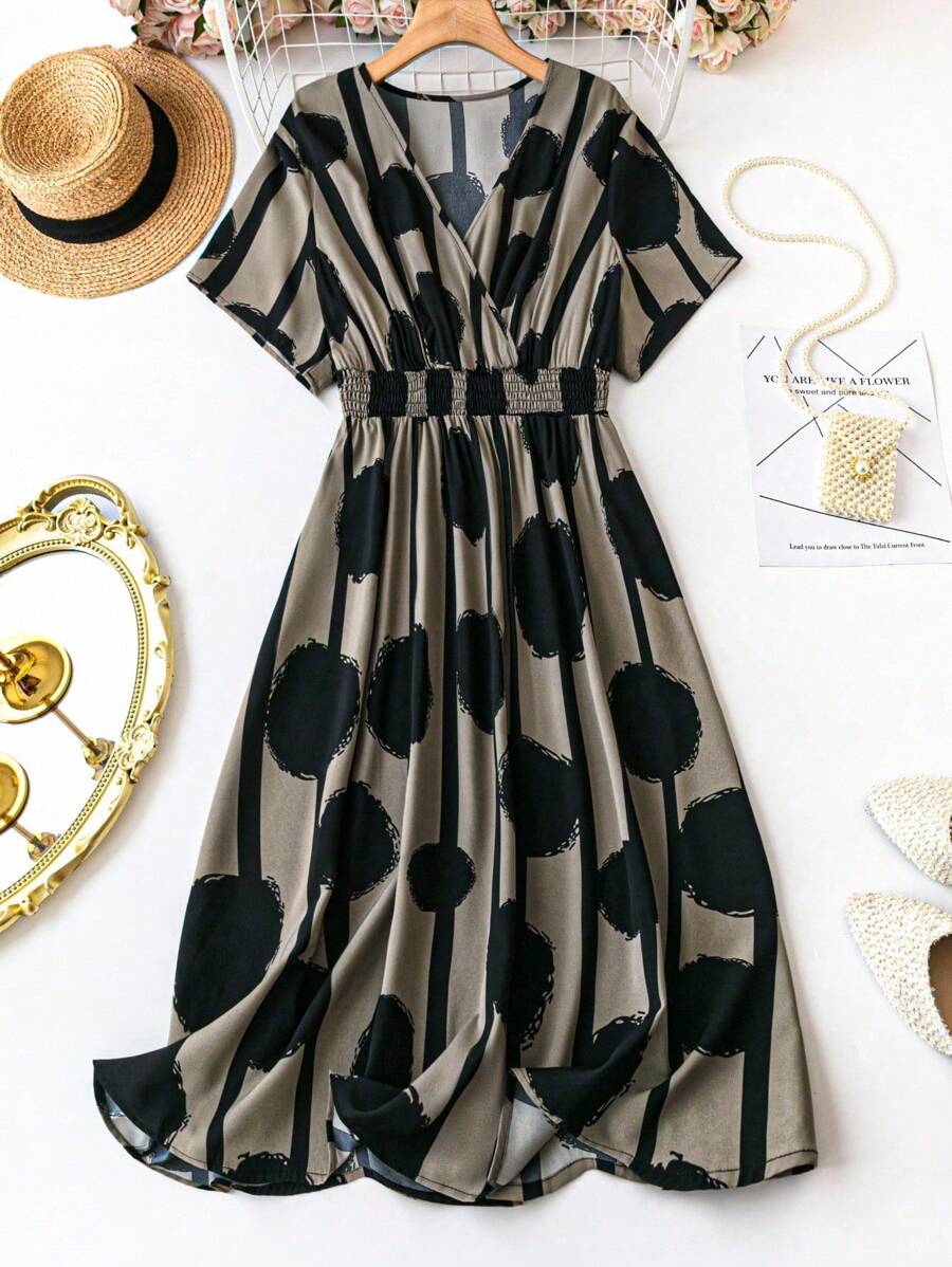 EMERY ROSE 大码波尔卡圆点印花V领收腰连衣裙长款女装