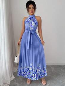 Elenzga 女式夏季优雅花卉宽松露背连衣裙 - 寶藍色 - 查看 5