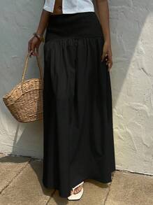 SHEIN EZwear 大码休闲宽松黑色长裙，夏季假日 - 黑色 - 查看 5