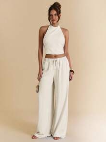 SHEIN BAE 2 件套女士纯色浅蓝色棉麻吊带背心和阔腿裤，棉麻套装，度假装 - 杏色 - 查看 2