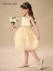 Glamorique Kids Girls' Princess Dress,Flower Girl Dress,Summer Apricot Asymmetric Hem,Silver Webbing,Back Strap Bowknot,Children's Birthday Wedding Festival Dress - Apricot - View 8