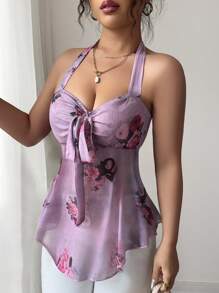 Selianne 女式夏季细肩带松紧腰休闲度假花卉印花透明网眼露背吊带背心 - 彩色 - 查看 6