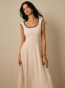 Poéselle 亚麻连衣裙，撞色下摆中长连衣裙，大方领连衣裙，婚礼宾客女士礼服，教师服装，撞色滚边方领中长连衣裙 | 米色无袖A字针织连衣裙，商务休闲女士，女士方领短袖休闲连衣裙，方领连衣裙，撞色滚边连衣裙，米色中长连衣裙，简约连衣裙，胶囊衣橱连衣裙 - 卡其色 - 查看 6