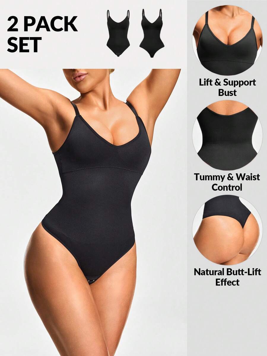 SHEIN 2pcs/Set Women Body Shaper Jumpsuit - Black - View 1