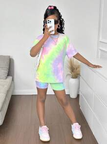 SHEIN 青少年女孩休闲扎染针织圆领短袖短裤套装 - 彩色 - 查看 3