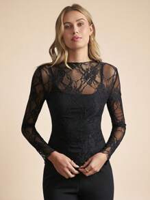 Amorya Femme Élégante Blouse Ajustée à Manches Longues en Maille Transparente