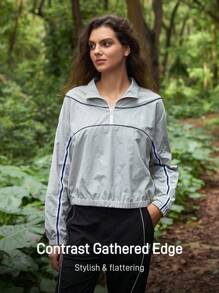 In My Nature 女式落肩拉链半开襟休闲户外连帽运动衫 - 灰色 - 查看 4