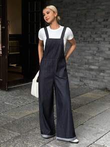 DAZY Women's Loose Casual Long Denim Bib Pants And Jumpsuit Overalls - Dark Wash - View 2