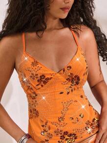 Opulessa Áo cánh hở lưng thêu hạt màu trơn cho nữ - trái cam - Xem 3