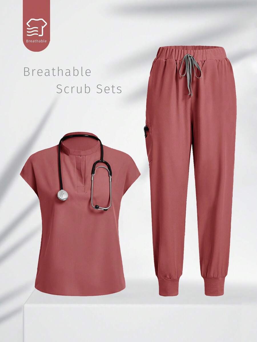 TaskEZ 纯色立领插肩袖上衣和弹性袖口裤子手术服套装