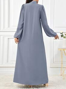 Al Najma 女士优雅纯色灯笼袖系带领阿拉伯连衣裙，适合秋季，端庄优雅的 A 字型阿拉伯连衣裙，适合休闲日常 - 藍色 - 查看 2