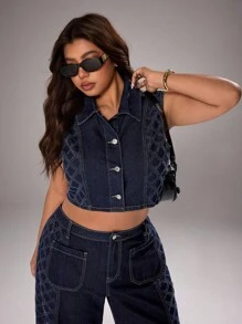 SHEIN ICON Plus Size Women's Fashion Casual Sleeveless Patchwork Jacket - Dark Wash - View 1