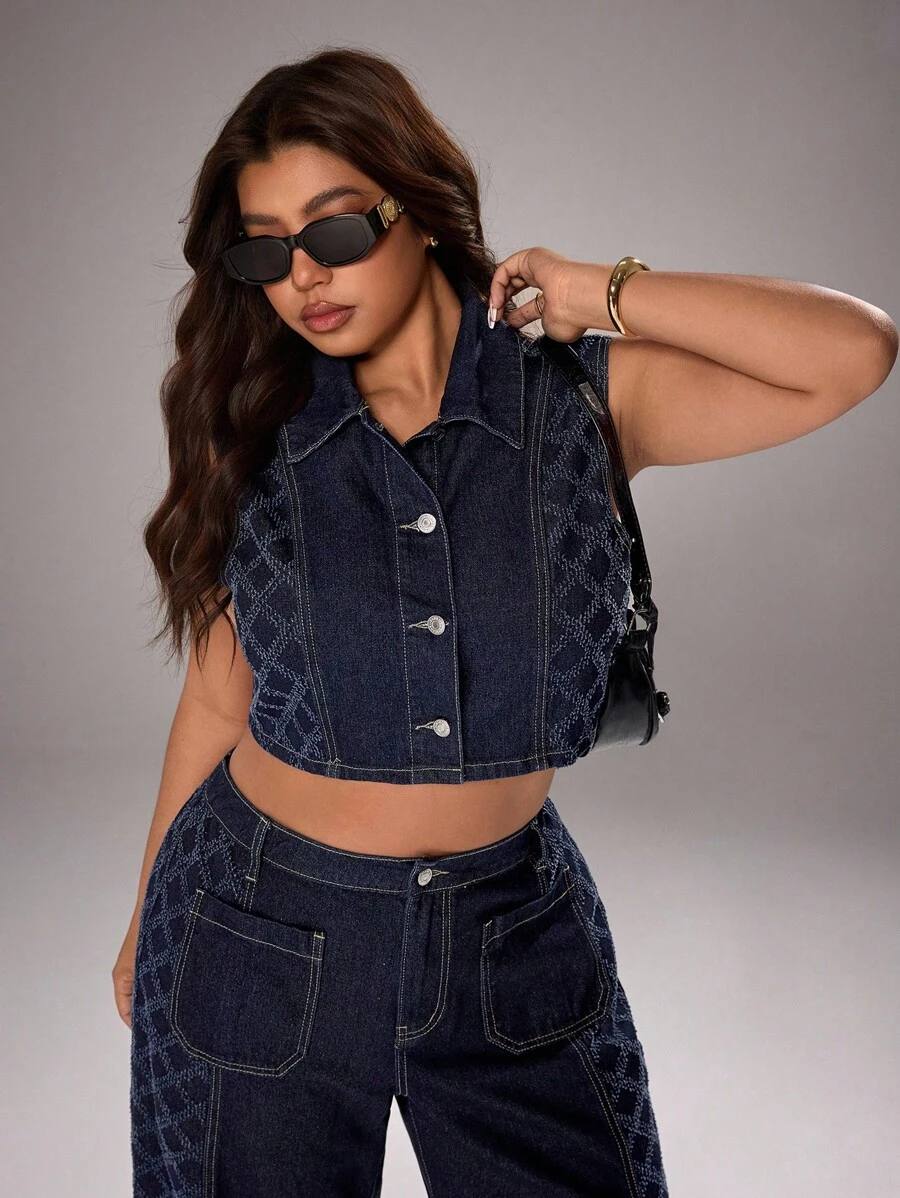 SHEIN ICON Plus Size Women's Fashion Casual Sleeveless Patchwork Jacket - Dark Wash - View 1