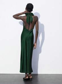 Maija 女士优雅露背系带连衣裙，现代都市设计，橄榄绿 - 墨綠色 - 查看 3