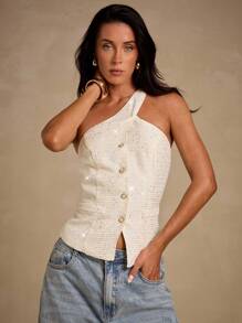 Glamine 女式纹理亮片编织无袖单排扣休闲办公室通勤百搭夏季上衣 - 杏色 - 查看 1