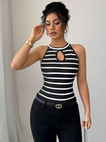 Elenzga 女士休闲条纹镂空露背上衣，夏季 - 黑與白 - 查看 3