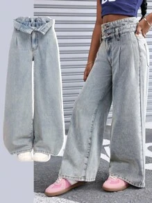 Jeans sueltos de mezclilla azul nostálgica con diseño de doble cintura con volantes, ropa casual de moda vintage y cool de estilo Y2K para niñas preadolescentes, ropa suave para uso diario, ropa de otoño e invierno para niñas preadolescentes, atuendos para regreso a clases, homecoming, rave, festivales y playa, ropa de calle y escolar